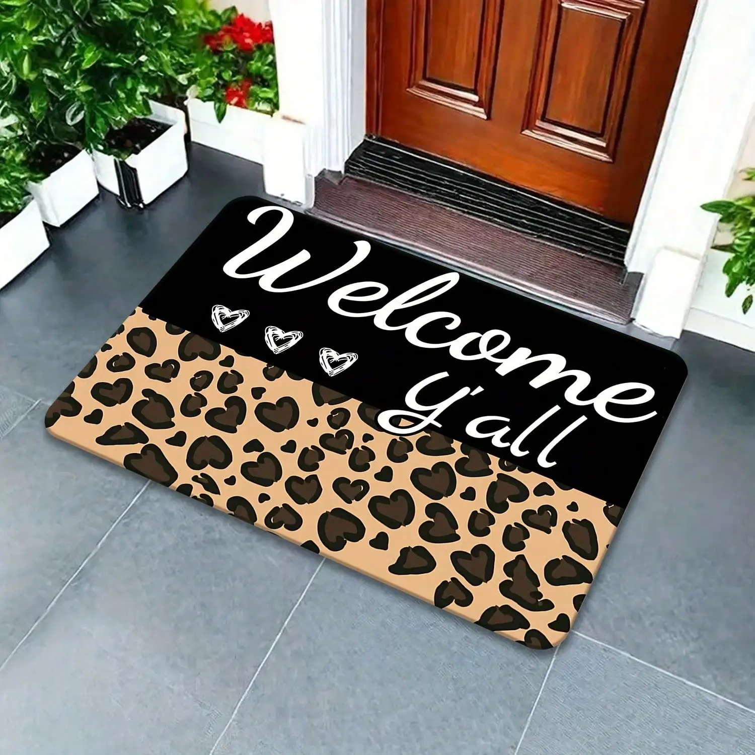 1pc Leopard Print Welcome Y'all Non-Slip Doormat - Soft Flannel, Washable, Rectangular Entrance Laundry Room, Kitchen, Bathroom, And Home Decor Accessories