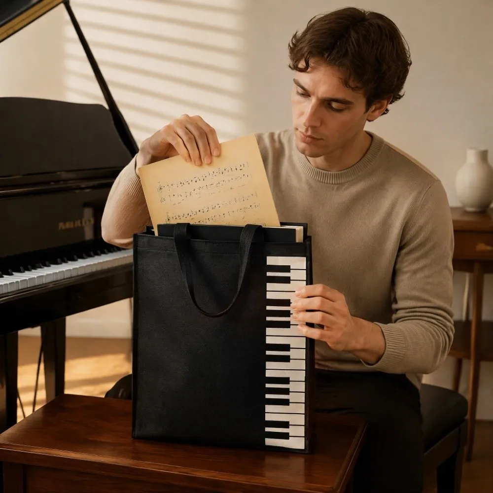 Reusable Reusable Music Handbag Non-woven Fabric Black + White Piano Keys Tote Large Capacity Grocery Tote Bag Daily Commute