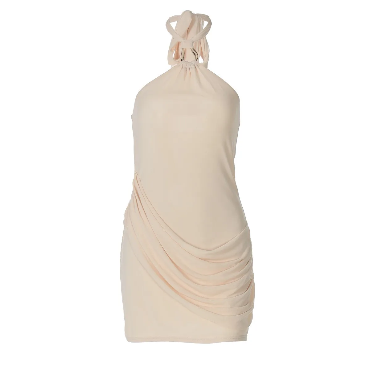Summer White Dress for Woman Mesh Halter Neck Solid Color Sleeveless Mid Waist Sheer Dress Tie Front Ruched Side Party Outfit