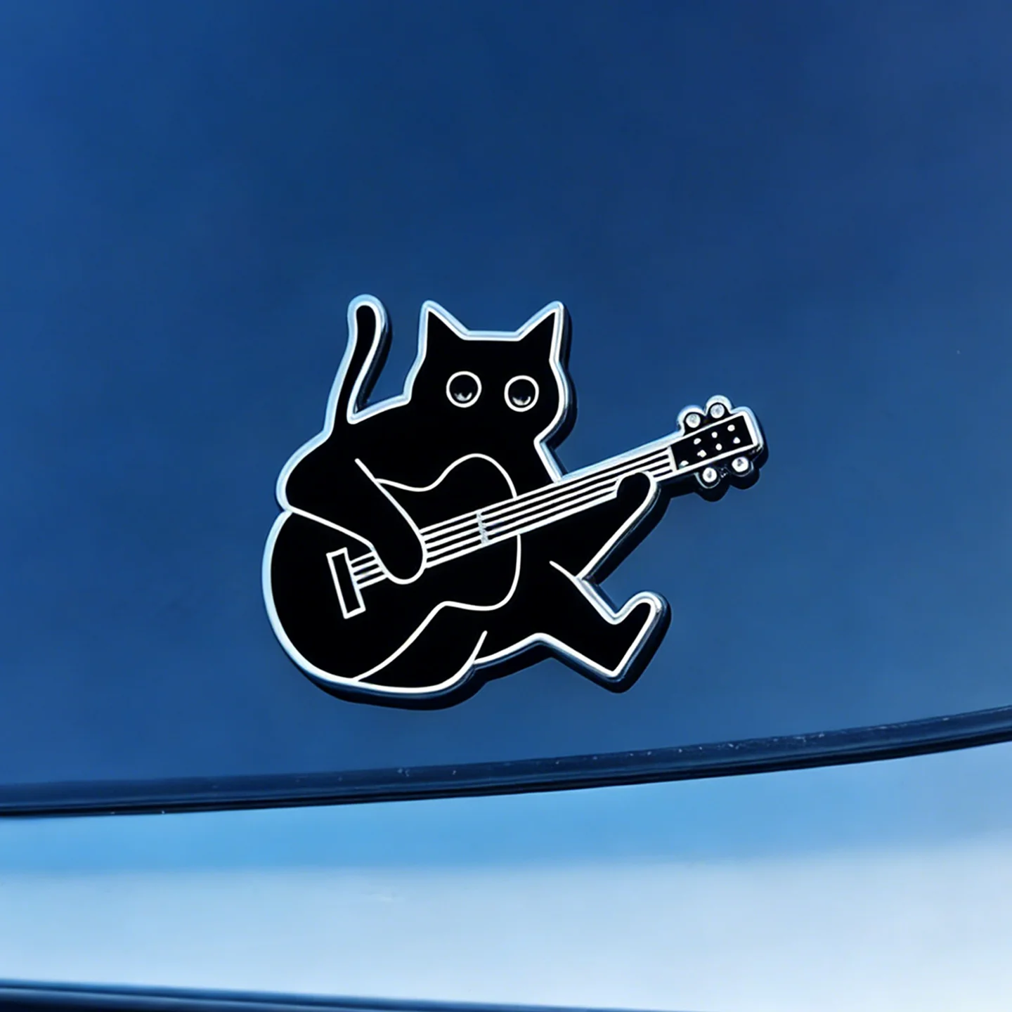 Guitar Cat Metal Car Sticker, Creative Cartoon Playing Shape Auto Decal, 3D Textured Personalized Body Decor for Car