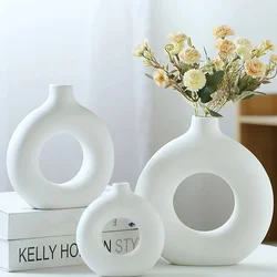 1pc, White/Beige Ceramic Vase Vases For Decor, Modern Home Decor Vase, Boho Vases For Decor, Circle Vase, Round Vase, Donut Vas