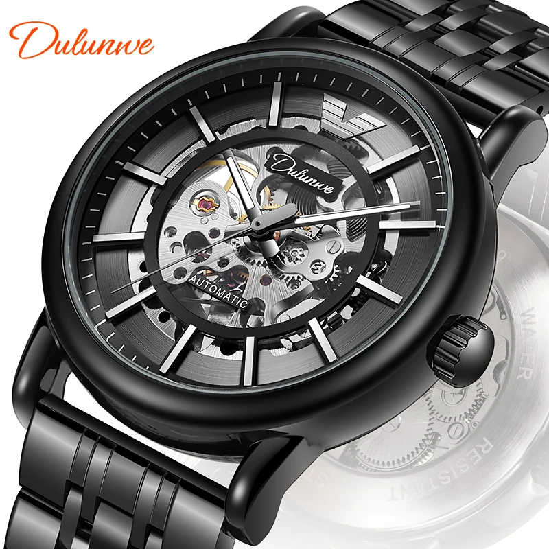 Black Men\'s Fully Automatic Mechanical Watch Stainless Steel Double sided Hollow Men\'s Watch Night Glow Waterproof Mechanical Wa