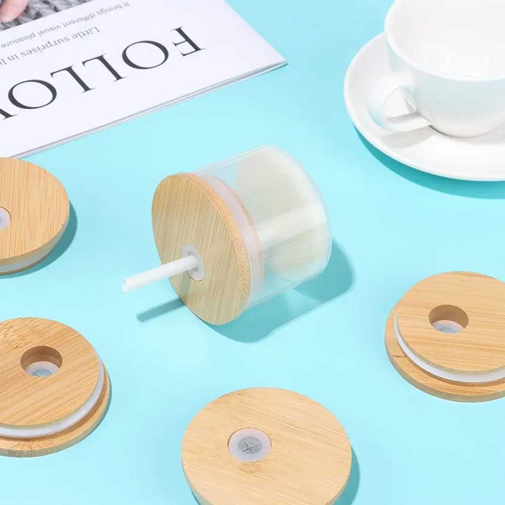 Eco Friendly Silicone Seal Ring Canning Caps Mason Jar Lid Wide Mouth Cup With Straw Hole Bamboo Wood Lids