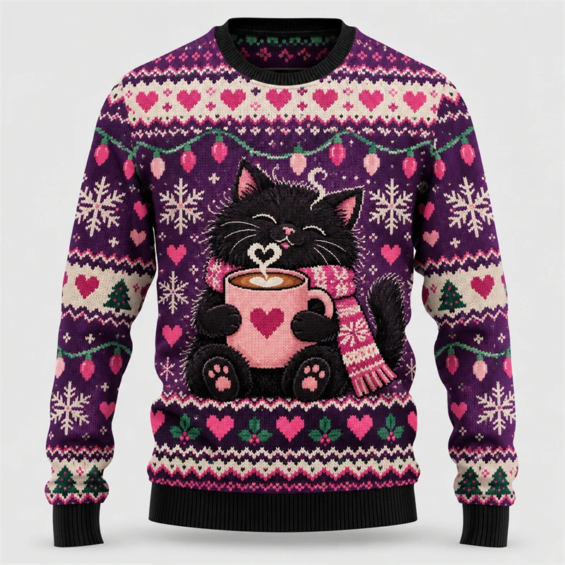 Black Cat Coffee Graphic Unisex Ugly Christmas Sweatshirt 3D Print Ugly Sweater Holiday Party Pullover Xmas Gift Fall Winter Top