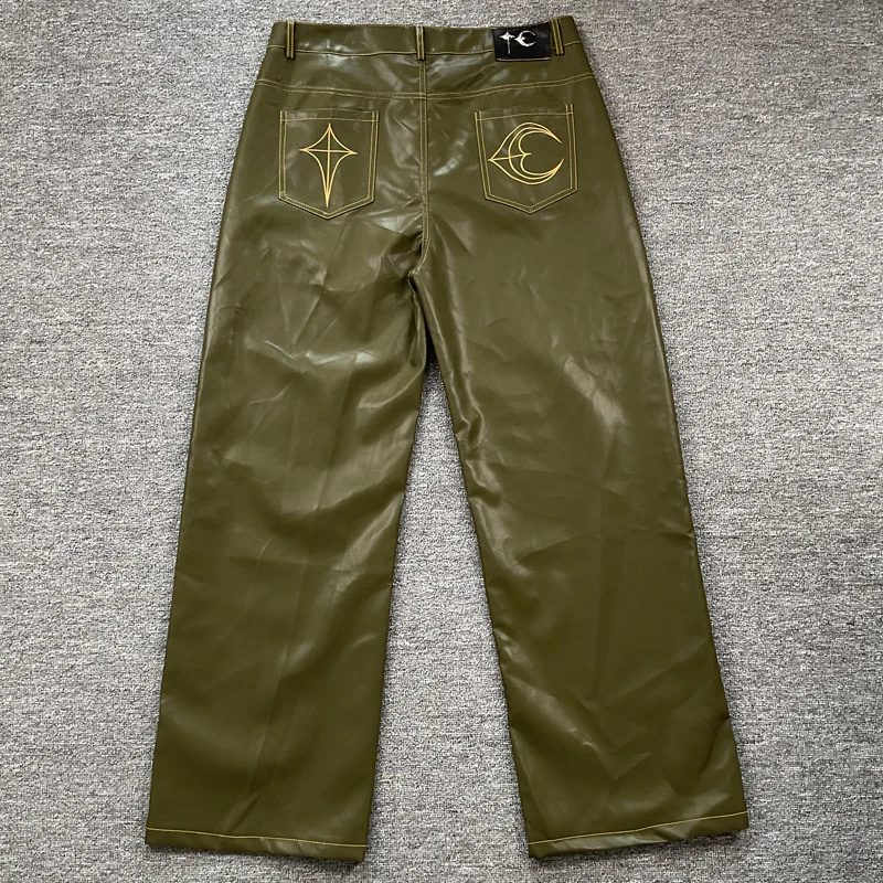 Ricamo Star Moon THUG CLUB Pantaloni in pelle Uomo Donna Street Semplice Logo in metallo Pantaloni lunghi a gamba dritta Stile coreano Harajuku