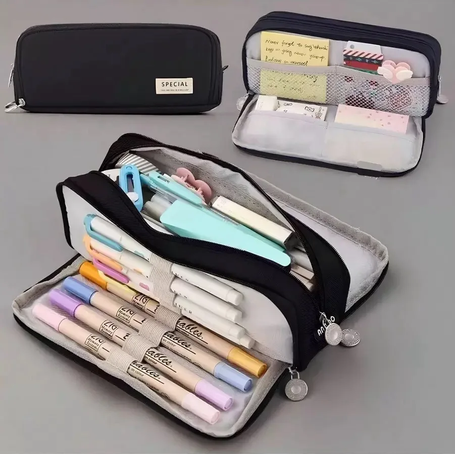 Large Capacity Multi-layer Canvas Pencil Case, Flip Open Stationery Storage Bag for Students
