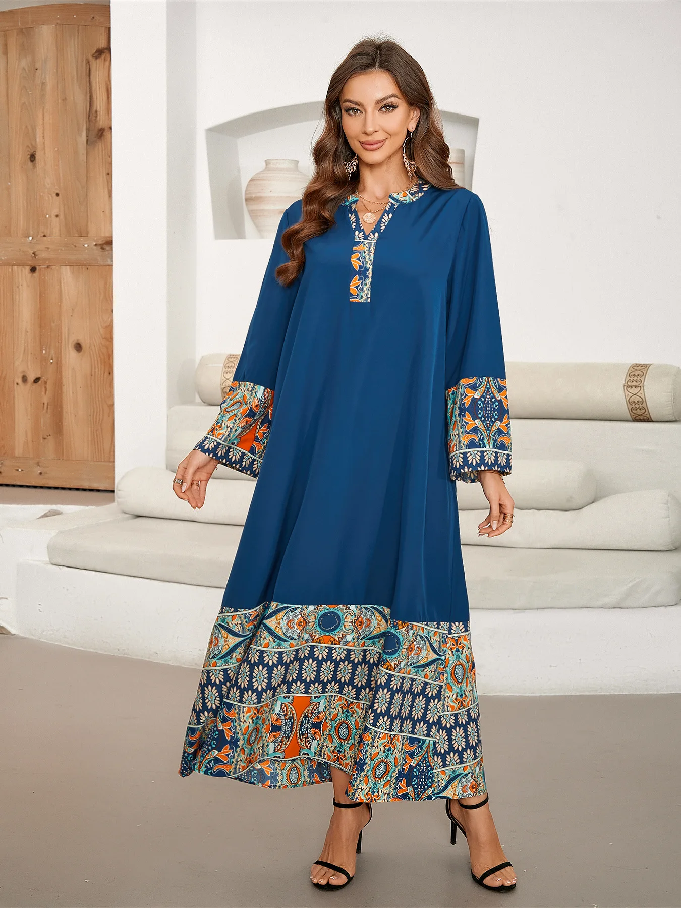 Printed Chiffon V-neck Elegant Bohemian Dresses Patchwork Long Sleeved Dress Middle Eastern Loose Women Fall Pullovers Clothes