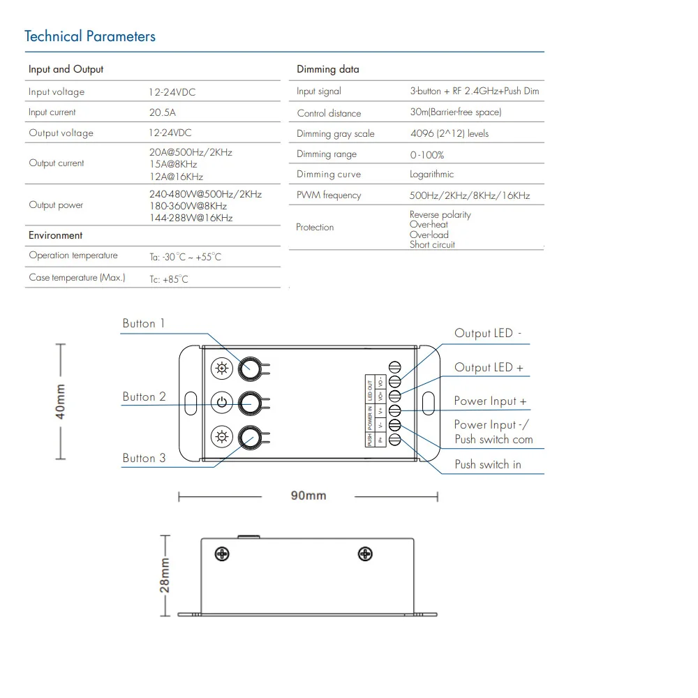 DC 12V 24V LED Dimmer Controller For LED Strip Lights Lamp 20A PWM frequency Changable 16KHz