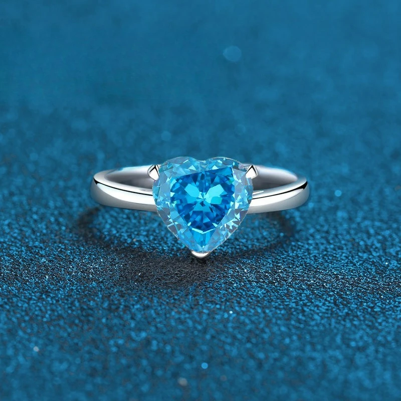 

PT950 Platinum Artificially Cultivated Gemstone Ring Ice Flower Cut Sea Blue Pink Diamond White Diamond Heart Single DiamondRing