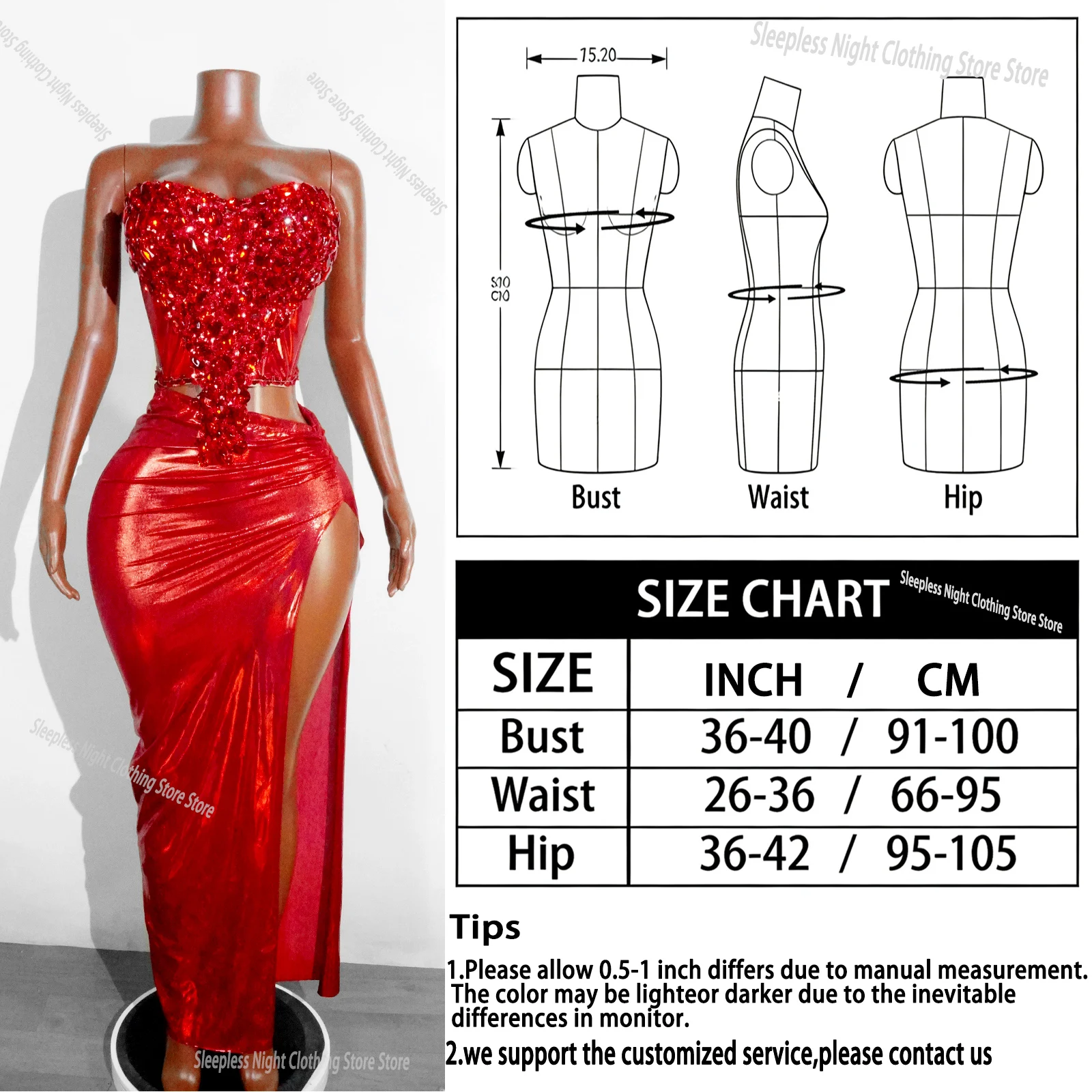 Sparkling Red Rhinestone High Slit 2PCS Long Dress Sequin Christmas Birthday Party Wedding Gown Nightclub Stage Wear Performance