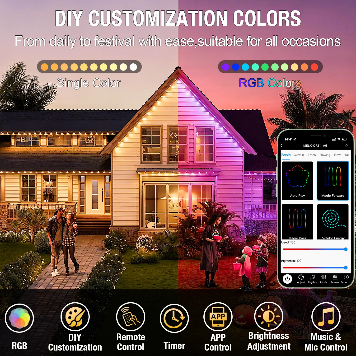 10M/15M/30M Eaves Lighting Outdoor Smart Rainbow Led Permanent DIY Remote Control Waterproof RGB String Light Christmas Decor