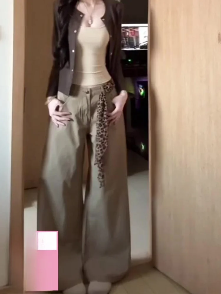 

Slimming High Waist Wide Leg Jeans American Style Spring Summer New Arrival Light Weight Khaki Color Women's Lazy Fashion Jeans