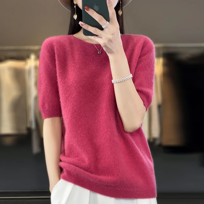 Fashion short sleeve 100% merino wool sweater basic O-neck cashmere women's knitted top pullover sweater top