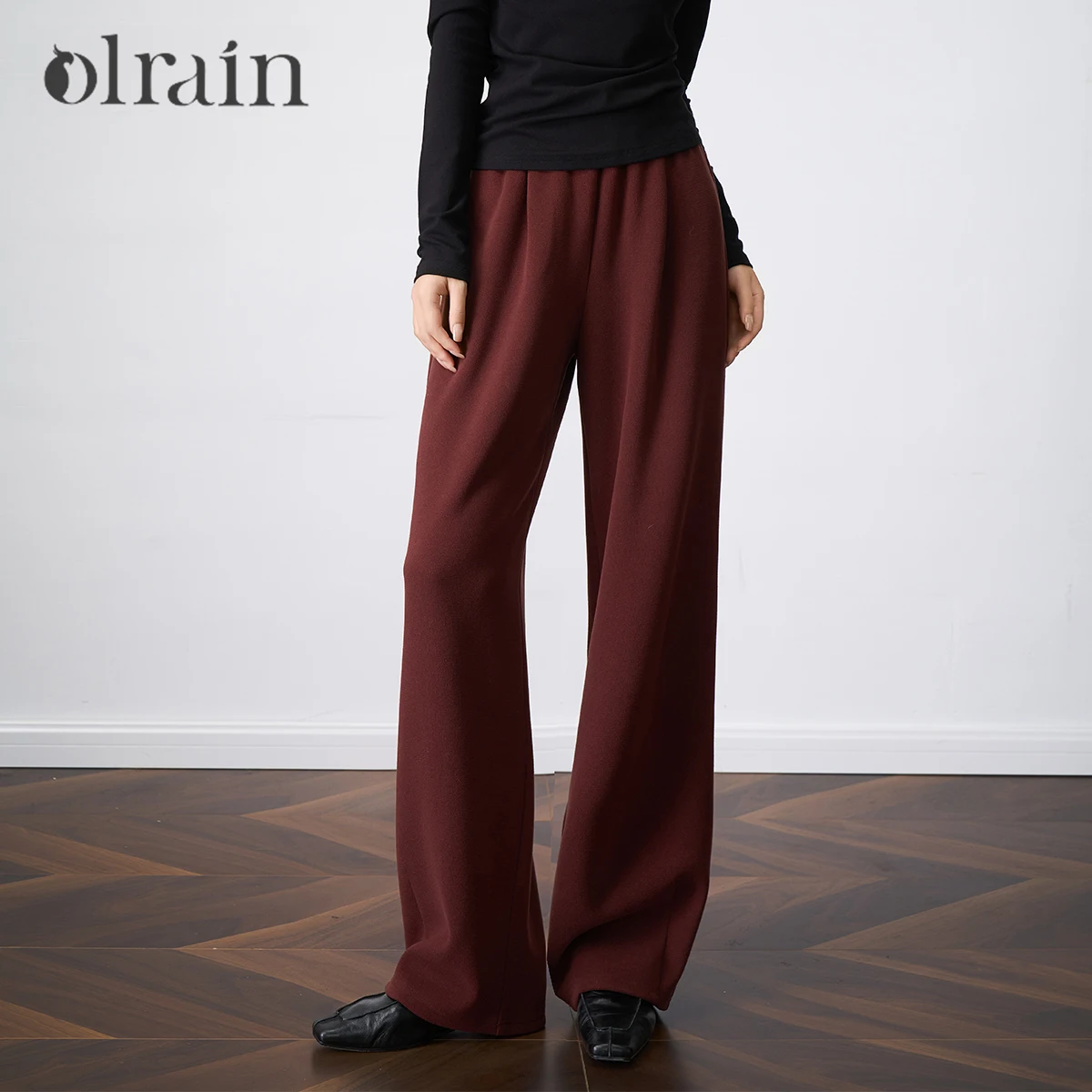 OLrain Women's Straight Pants Autumn 2026 New Solid Vintage Knitted Pants Elastic Waist Loose Long Trousers Female O57QK001612