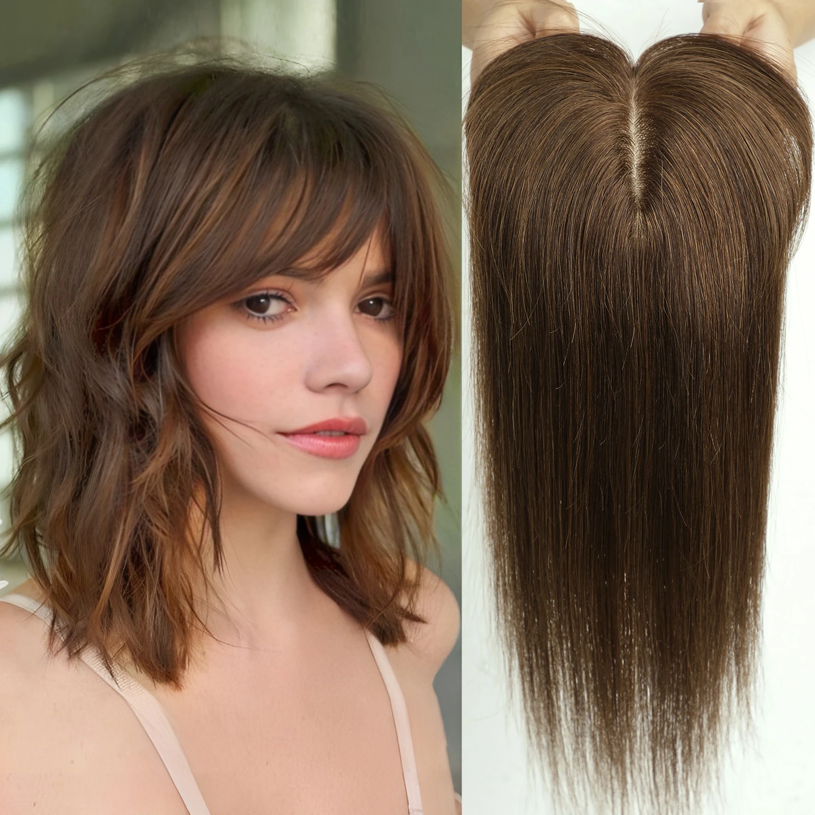 Auburn 14 Inch Silk Base Human Hair Topper 100% Remy Human Hair Topper Clip in Hairpiece for Women Thin Skin Top Hair Extensions image 3