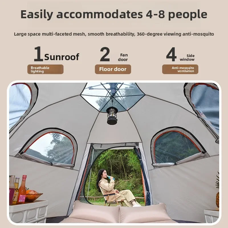 خيمة مكونة من 8 أشخاص للتخييم في الهواء الطلق على الشاطئ، قابلة للطي، خيمة سداسية أوتوماتيكية بالكامل سريعة الفتح ومضادة للمطر