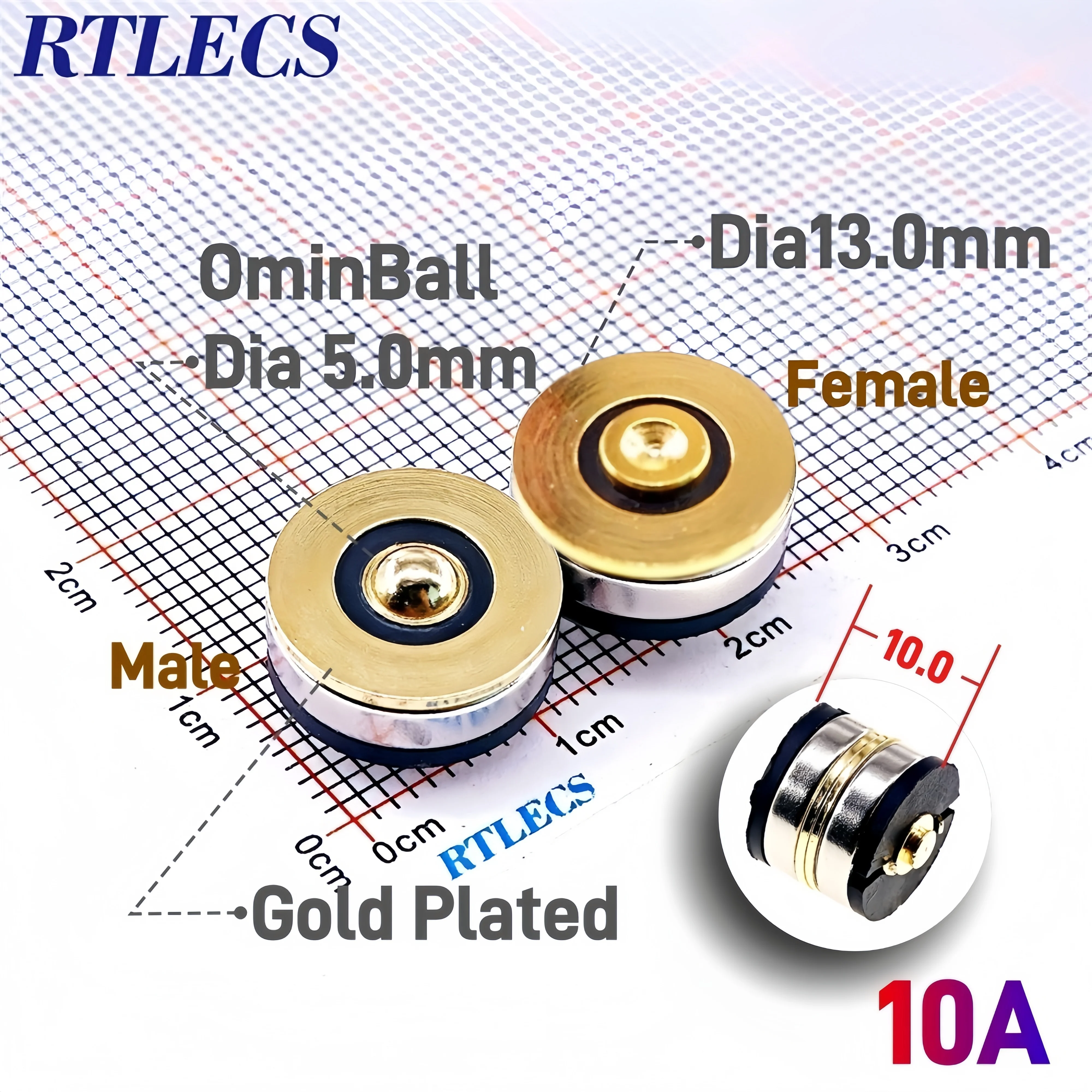 Magnetic Circular PogoPin Connector 10A Male Female Metal Spring Loaded 1 Pin DC Power Charger 16AWG Wire M12 Threaded Gold