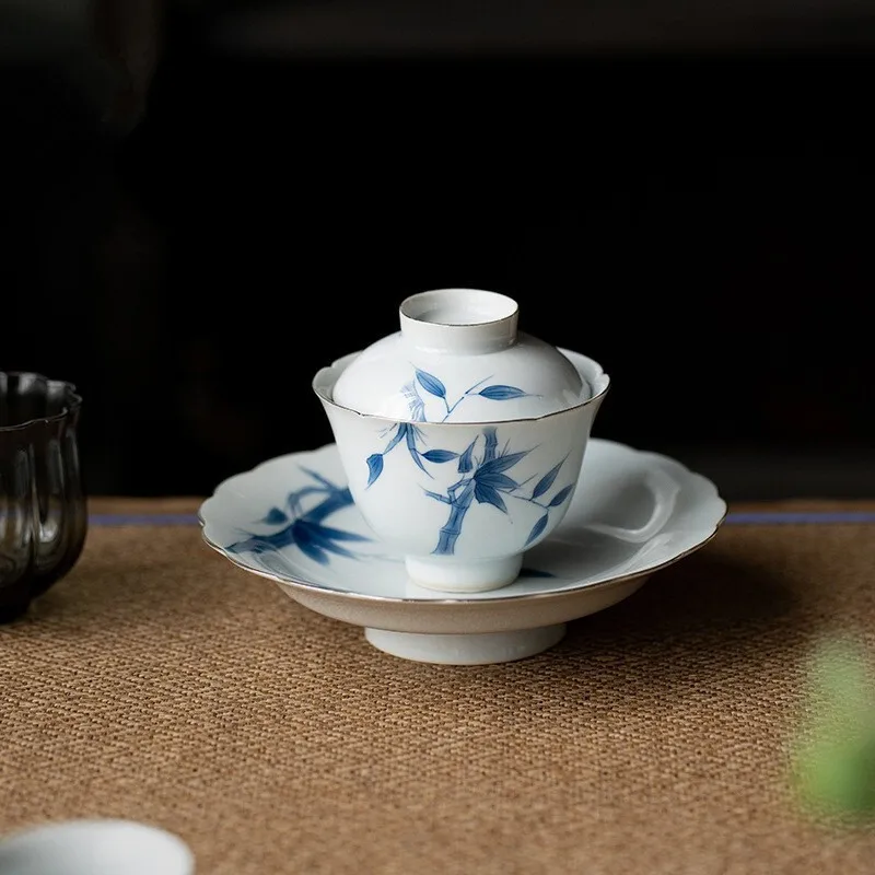 Ceramic Three Cover Bowl Teacup Blue And White Household Single Hand-painted Bamboo Cover Bowl Tea Single-cup Teacup Tea Set