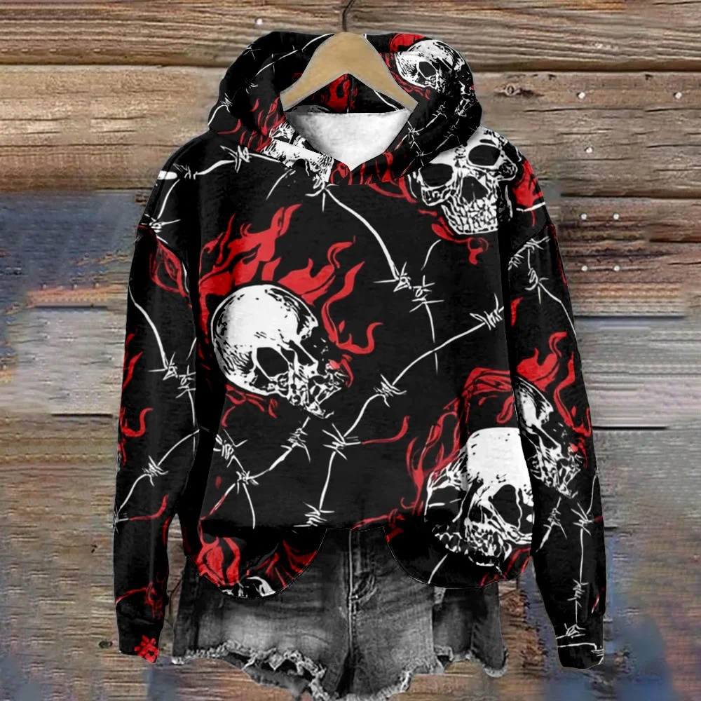 سويت شيرت نسائي بغطاء للرأس ثلاثي الأبعاد للهالوين مع طباعة رأس جمجمة للاستخدام اليومي والمتعة في الهواء الطلق #3