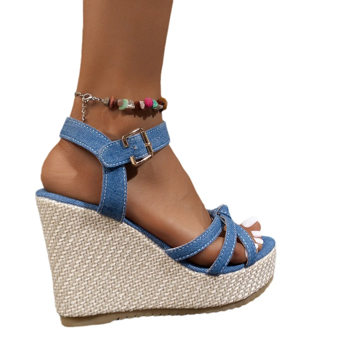 Chunky Platform Wedges Sandals Women 2024 Summer Blue Denim Beach Sandals Woman Plus Size 42 Ankle Straps High Heels Sandalias