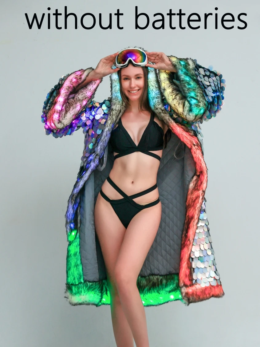 

Fashion Personality Women's Faux Fur Coat LED Large Sequin Coat Women's Long Hooded Holiday Party Performance Wear