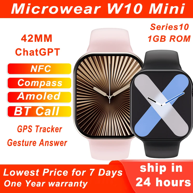 Microwear AMOLED W10 mini Series 10 Smart Watch ChatGPT 1GB ROM 42mm Compass NFC BT Call W10 Pro mini Smartwatch Men Women