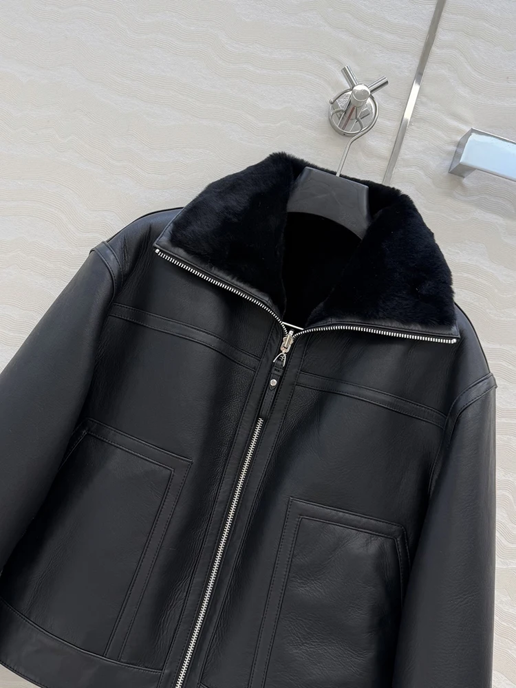 SVORYXIU Winter New style Flip collar Zipper Genuine leather jacket Woman Fashion black Lined with plush warm Leather jacket