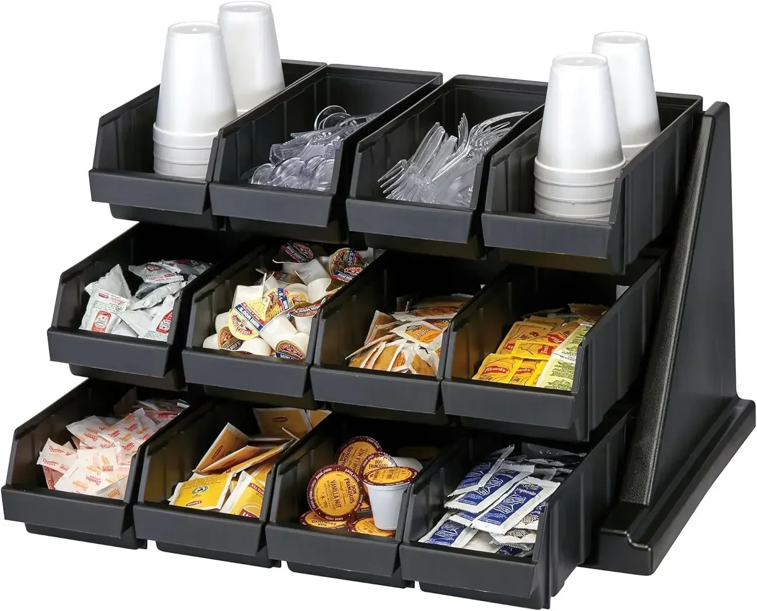 

Self Serve Condiment and Utensil Bin - 12 Storage Bins - Ideal for food and coffee condiments (Black)（Hot）