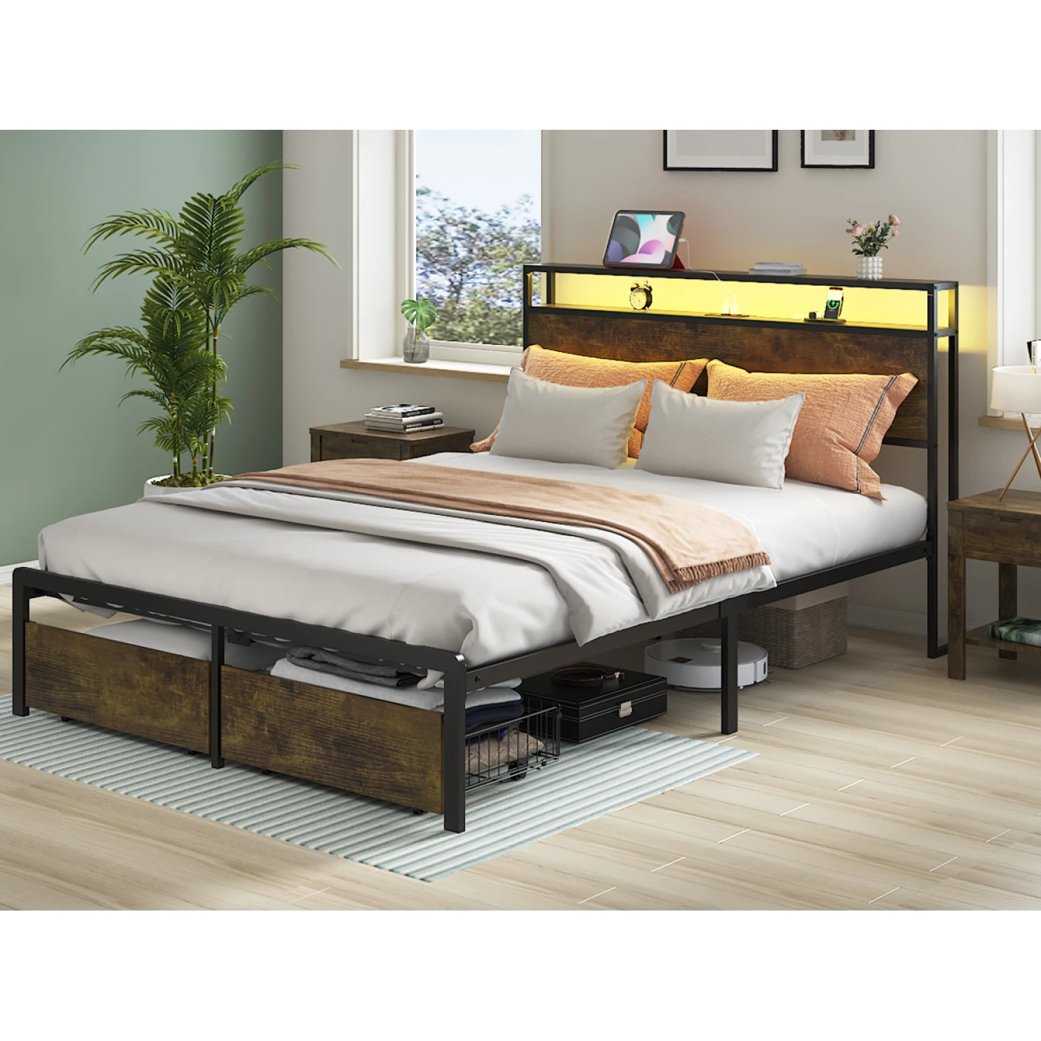 Queen Bed Frame with LED Lights and Charging Station - Robust Metal Wood Construction, Rustic Wood Platform Bed Frame with 2 Dra