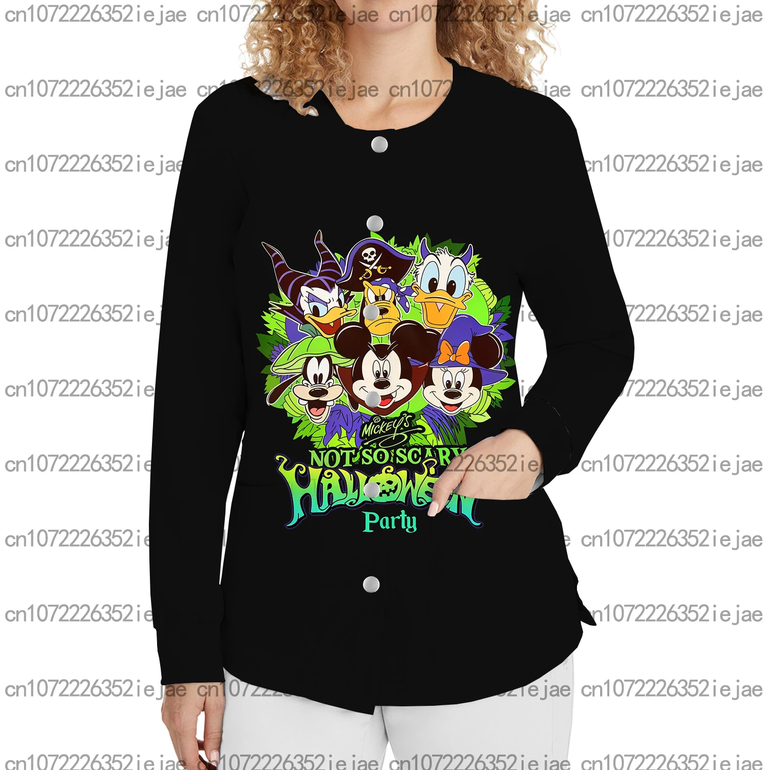 زي عمل نسائي من ديزني للهالوين ميكي مطبوع برقبة دائرية وزر فرك علوي لمتجر الحيوانات الأليفة وصالونات التجميل