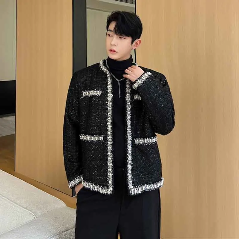 SYUHGFA Korean Style Luxury Jackets Men\'s Autumn Trend Weave Outerwear Personality Collarless Pearl Ribbon Niche Design Coat