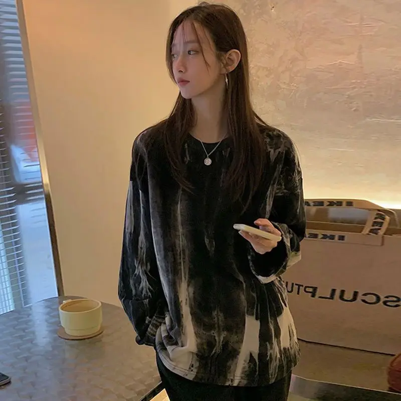 Fall Tie Dye Print Women O Neck Long Sleeve T Shirts Korean Fashion Highstreet Harajuku 2xl Oversized Clothing Tops Black Unisex
