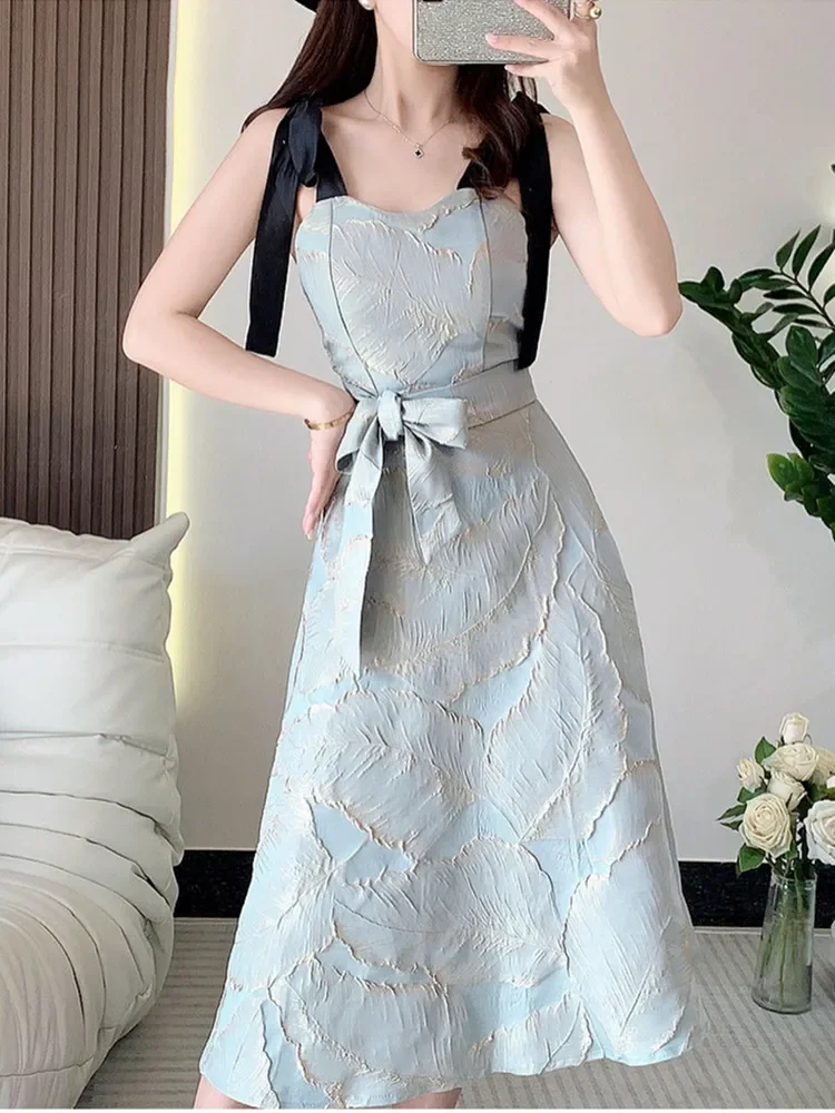 2023 Jacquard Summer Dresses Retro Sleeveless Bow Tie Spaghetti Strap Lace Up Slim Big Swing Backless Evening Party Vestidos