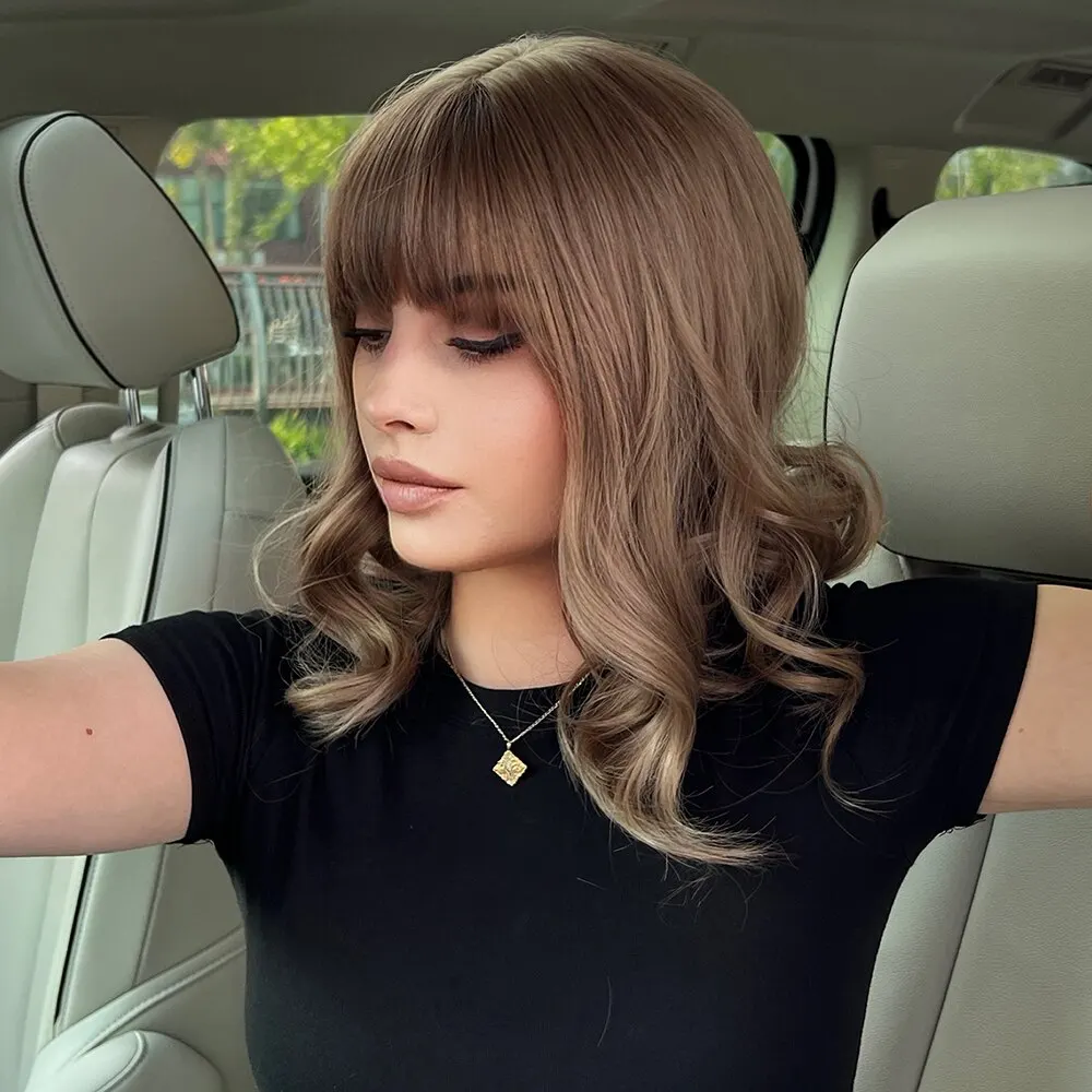 Women's Short Wavy Bob Synthetic Wig with Bangs, Brown