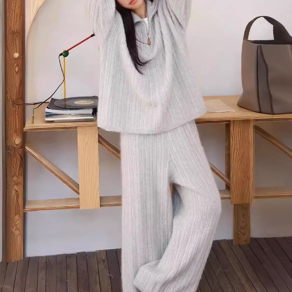 Autumn Winter 2 Pieces Women Sets Knitted Tracksuit Turtleneck Sweater and Straight Jogging Pants Suits E1698