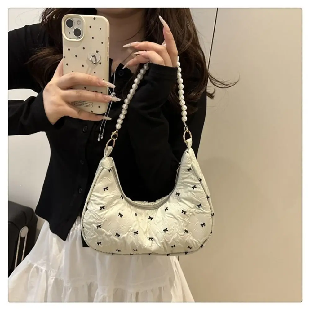 Trendy Multicolor One-shoulder Bag Bowknot Printed Beads Chain Tote Bag Zipper Clouse Large Capacity Handhold Bag Daily Use