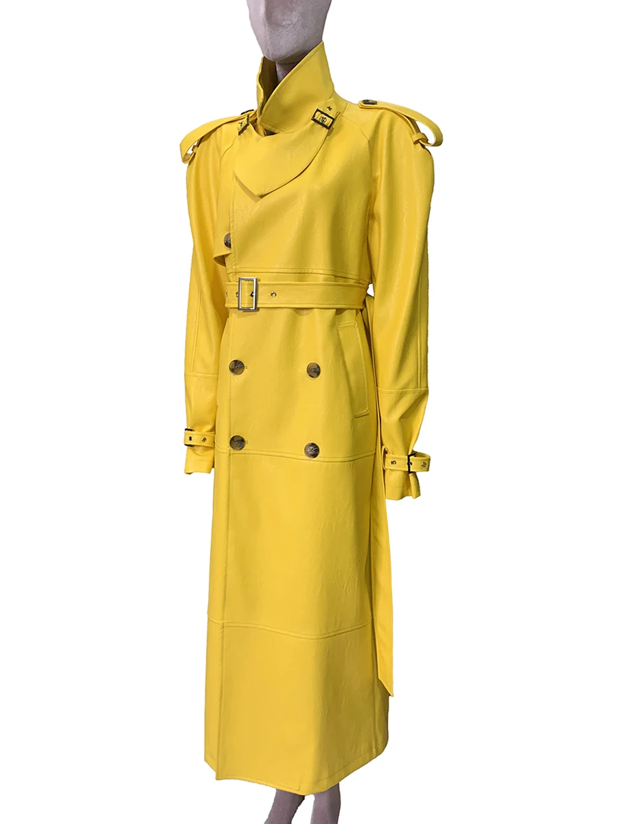 Spring Autumn Extra Long Bright Yellow Faux Leather Trench Coat for Women Shoulder Pads Double Breasted Luxury Designer Clothes