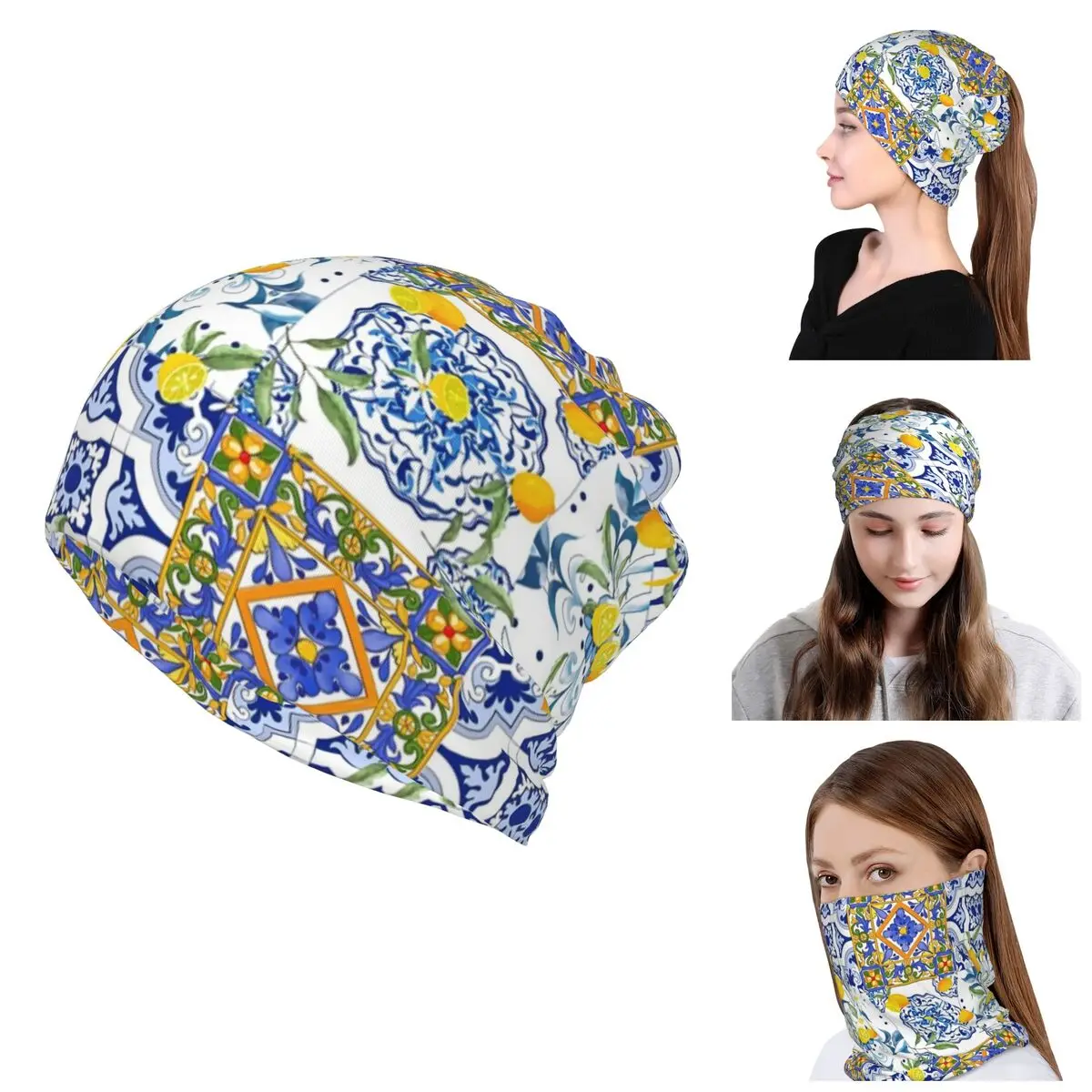 Custom Summer Fruit Lemons Tiles Bandana Winter Neck Warmer Skullies Beanies Caps Wrap Face Scarf for Hiking Gaiter Headband