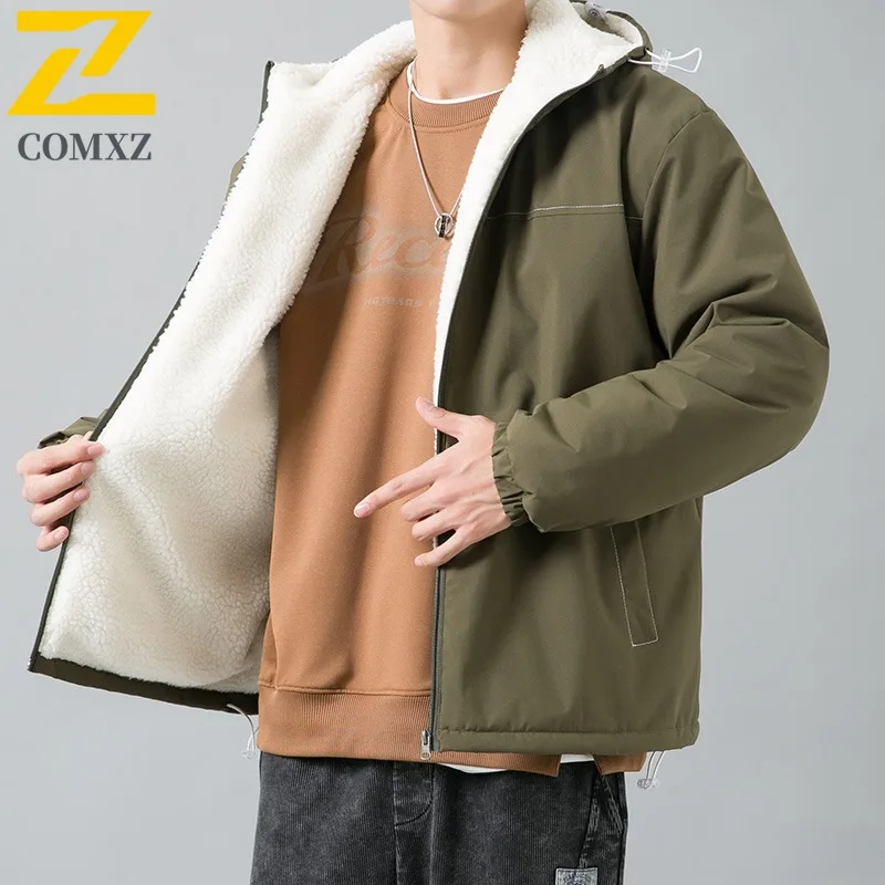 COMXZ 2025 Mens Winter Sherpa Lined Thick Hooded Cotton Jacket Loose Fit Korean Style Waterproof Streetwear Coat windbreaker