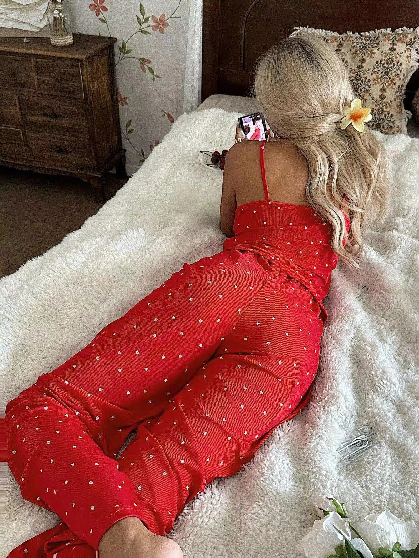 Ladies Elegant Bright Red Heart‑Print Lace V‑Neck Cami & Long Pants Soft Ribbed Pajama Two‑Piece Set