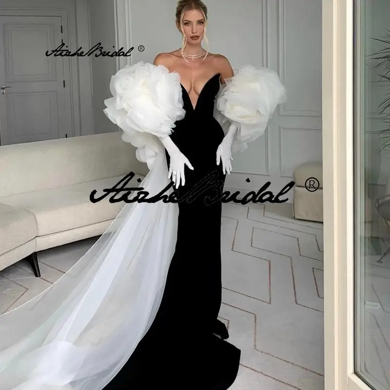 

Великолепный черный эластичный жакет ручной работы с V-образным вырезом и цветочным принтом, длинные вечерние платья русалки из 2 предметов