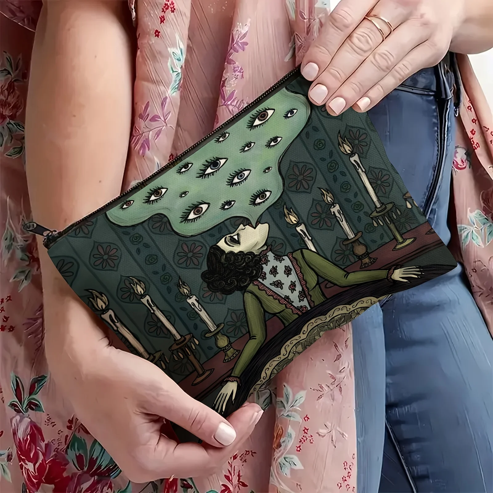 Duchess of Lore Vintage Gothic Zipper Makeup Bag - Formal Attire & Eye Motif Design, Formaldehyde-Free Unisex Cosmetic Pouch