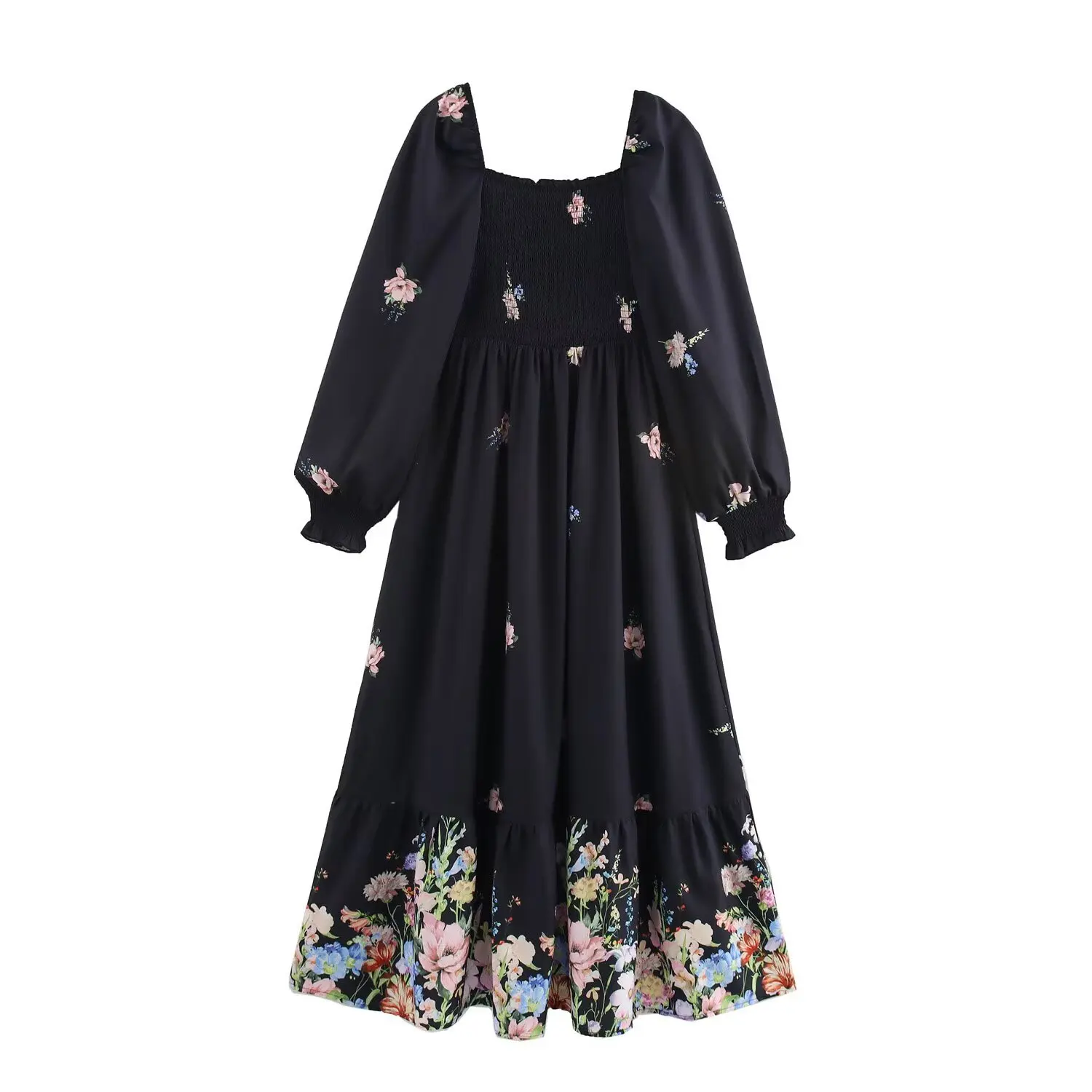 Robe Mi-Longue à Col à Revers et Taille artificiel astique pour Femme Vêtement Noir à Imprimé Floral Rétro, Collection Printemps et Été 2025
