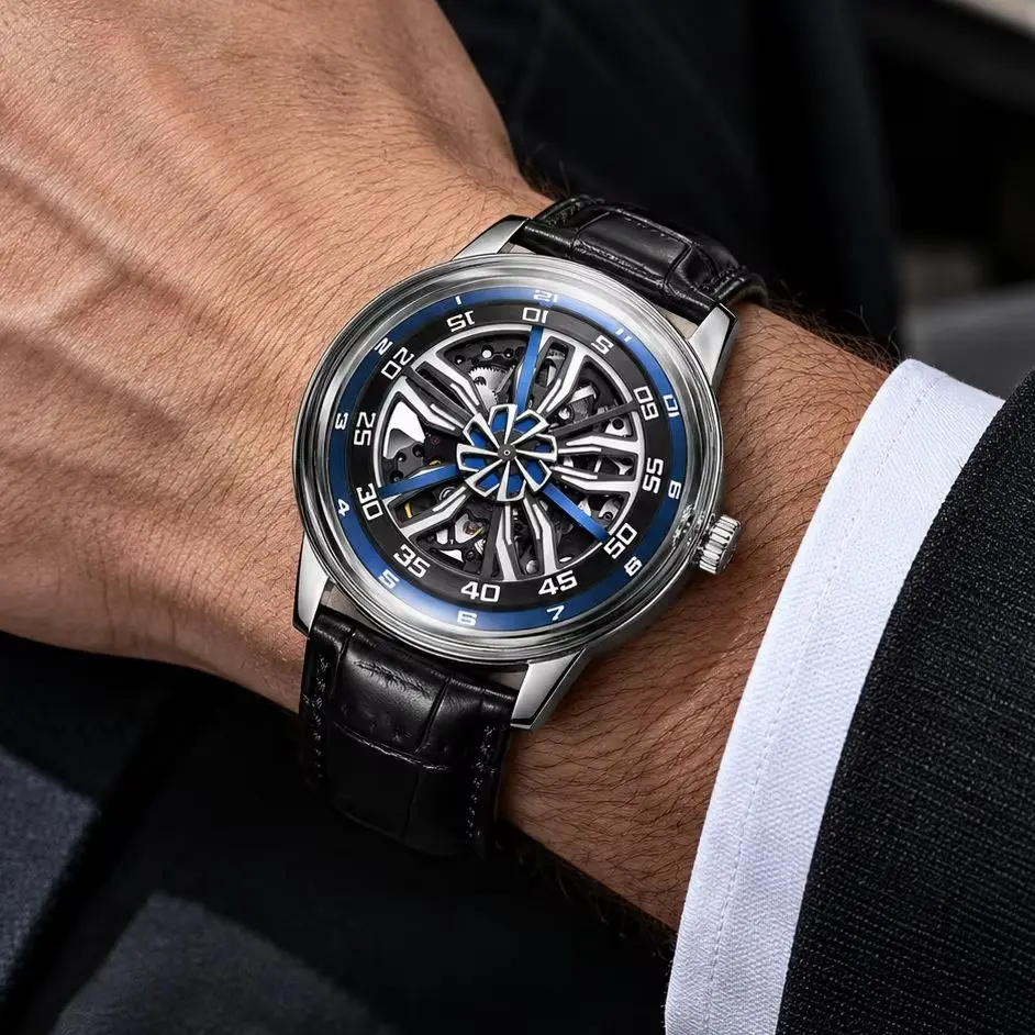 OBLVLO Men Luxury Mechanical Watch 42mm Luminous Sapphire Crystal 50M Waterproof Rotatable Carwheel Skeleton Dial  Wristwatch