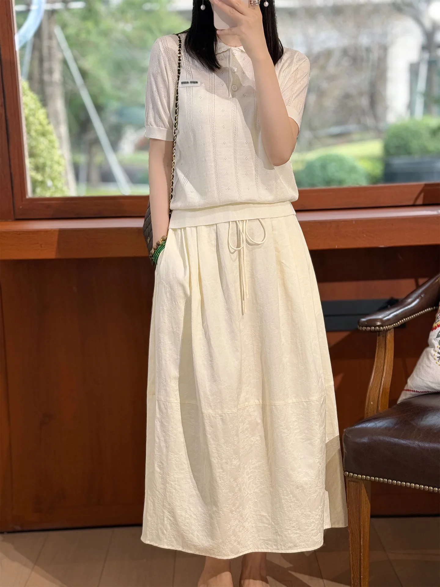 

Petite Fashion Spring Summer Miu Style Soft Doll Collar Hollow out Texture Wool Short Sleeve Shirt Women Casual Wear