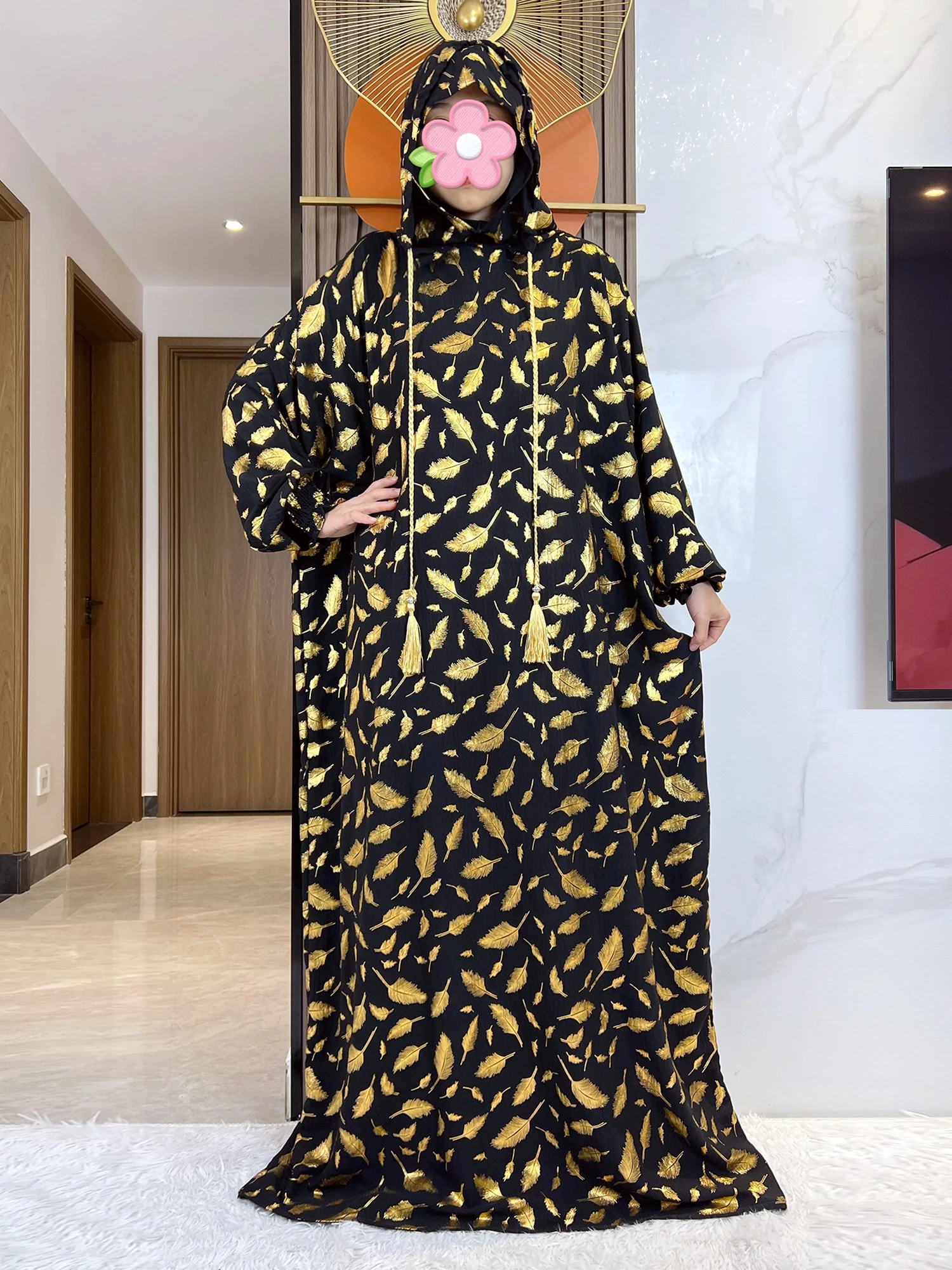 2025 New Cotton Ramadan Muslim Two Hats Abaya Dubai Turkey Islam Prayer Clothes Gold Stamp Dress Islam Women Dress Kaftan