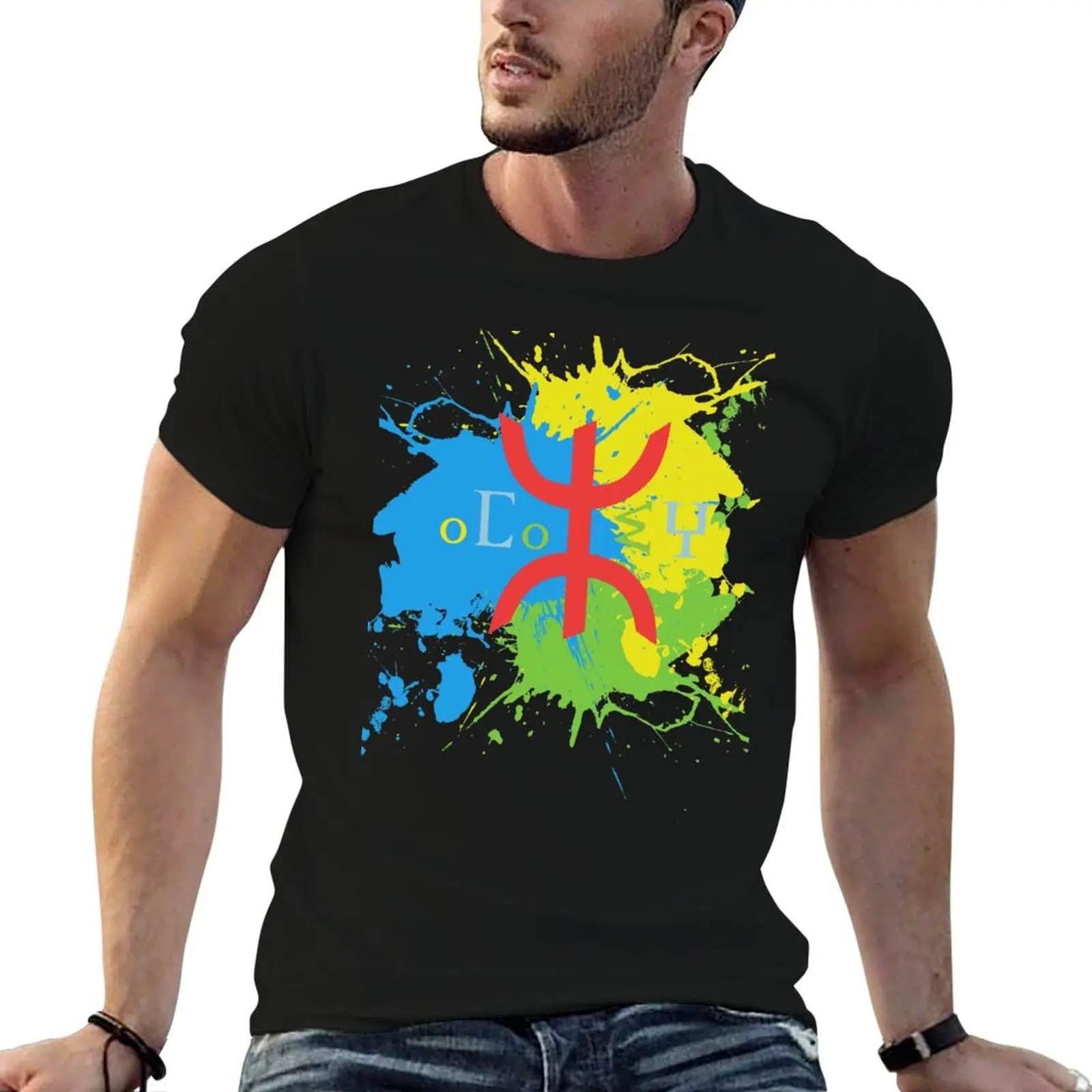 Amazigh Flag Splash Art Design T-Shirt Work Daily Short Sleeve Top