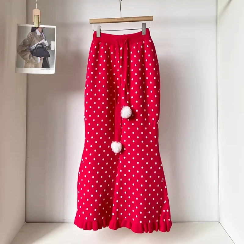 Korean Drawstring High Waist Lace Trim Women's Flared Pants 2025 Winter New Versatile Polka Dot Knitted Casual Trousers Ladies