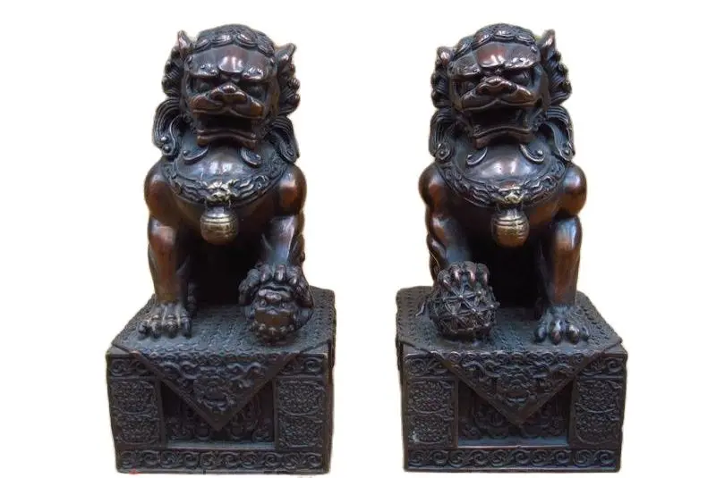 Chinese Feng Shui Red Bronze Palace Evil Door Bei Jing Fu Foo Dog Lion Pair