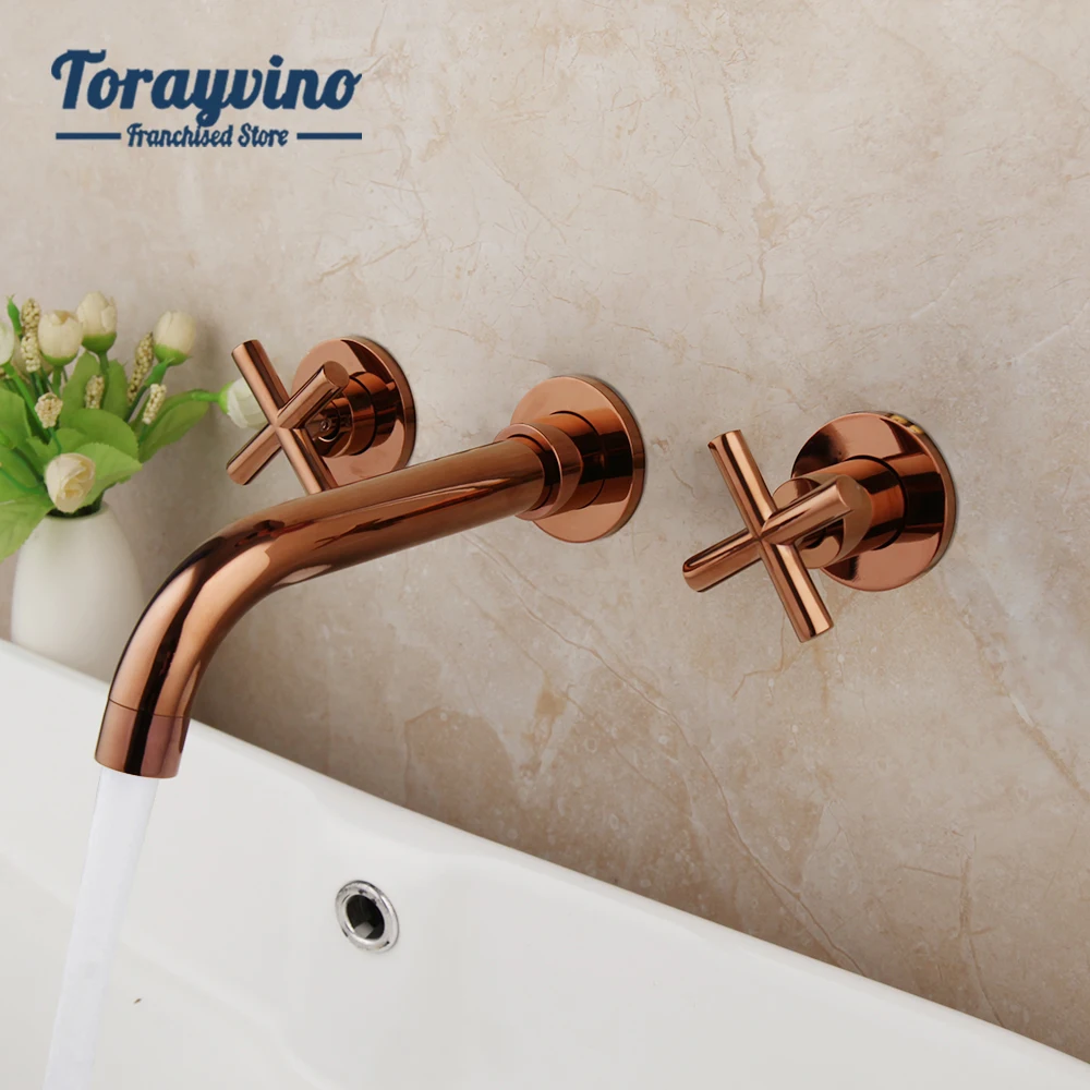 Torayvino Bathroom Bathtub Basin Faucet Rose Gold Wall Mounted Separate Installation Dual Handle Hot Cold Water Mixer Tap Set 